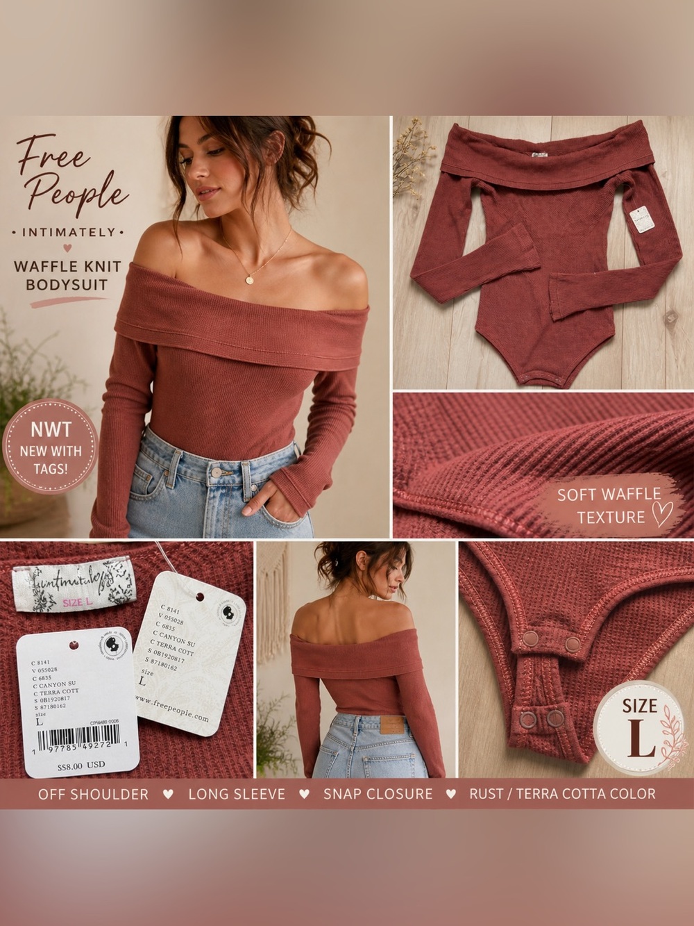 Free People Intimately Off Shoulder Bodysuit Waffle Knit Rust Pink Size L NWT